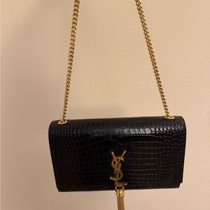 Yves Saint Laurent Black Croc-Embossed Clutch with Gold Chain